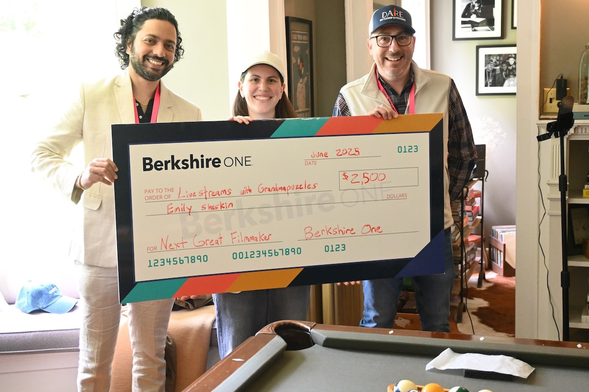 Emily Sheskin (center), winner of the Berkshire Bank Next Great Filmmaker Award, with Mark Pedrotti (right) and Sumant Pustake (left) of Berkshire Bank. Sheskin is an award-winning director known for her optimistic and resilient storytelling.&nbsp;