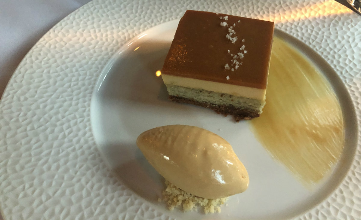 Caramel Entremet, fig biscuit, Earl Grey feuilletine, salted caramel ice cream