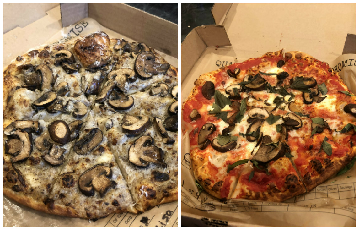 Crust's white mushroom pizza with mushroom truffle sauce, roasted mushrooms and black truffle oil; and the red mushroom, with red sauce, roasted mushrooms, fior di latte, mozzarella and parmesan cheese dust. Crust's white mushroom pizza with mushroom truffle sauce, roasted mushrooms and black truffle oil; and the red mushroom, with red sauce, roasted mushrooms, fior di latte, mozzarella and parmesan cheese dust.