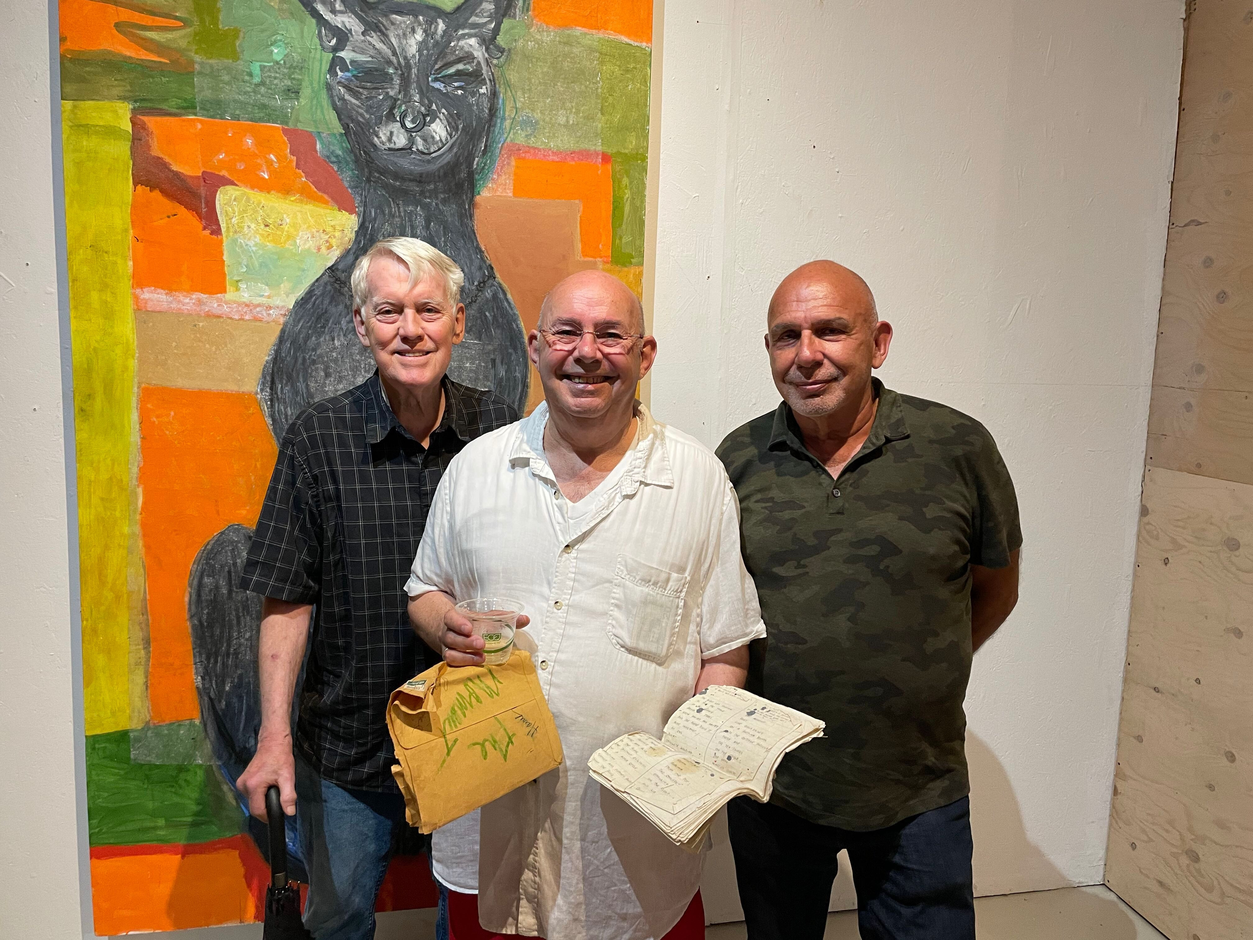 Rick Rowsell, Ron Harrington and Tony Zanetta. Harrigton holds the original script for the first performance Mussmann and Bruce ever put on together. It was&nbsp;Mussmann's directorial adaptation of "The Moment" by Virginia Wolfe, starring Bruce and Harrington,&nbsp;with sets built by Rowsell.&nbsp;&nbsp;