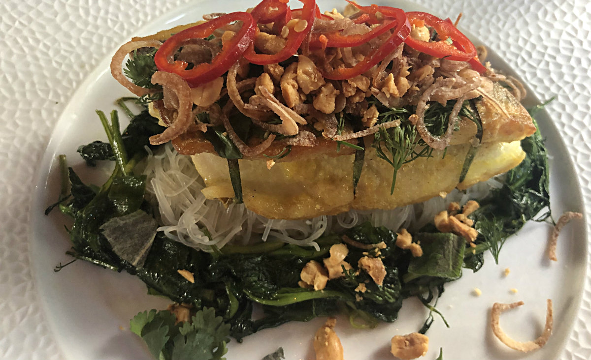 Branzini&nbsp;"Cha Ca," vermicelli noodles, turmeric, scallion, peanut fish sauce vinaigrette