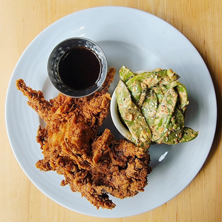 Fried quail, charred snow peas salda, chili honey Fried quail, charred snow peas salda, chili honey