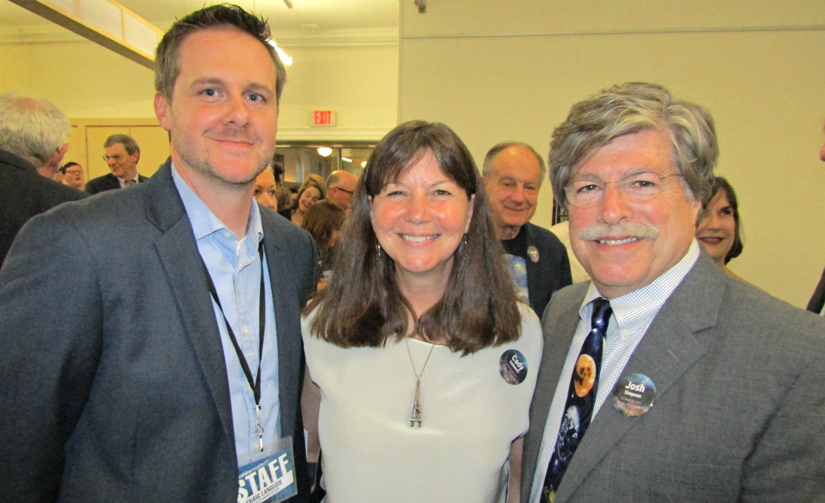 Craig Langlois, the Museum's Chief Experience Officer, with former astronaut Cady Coleman and glass artist Josh Simpson.