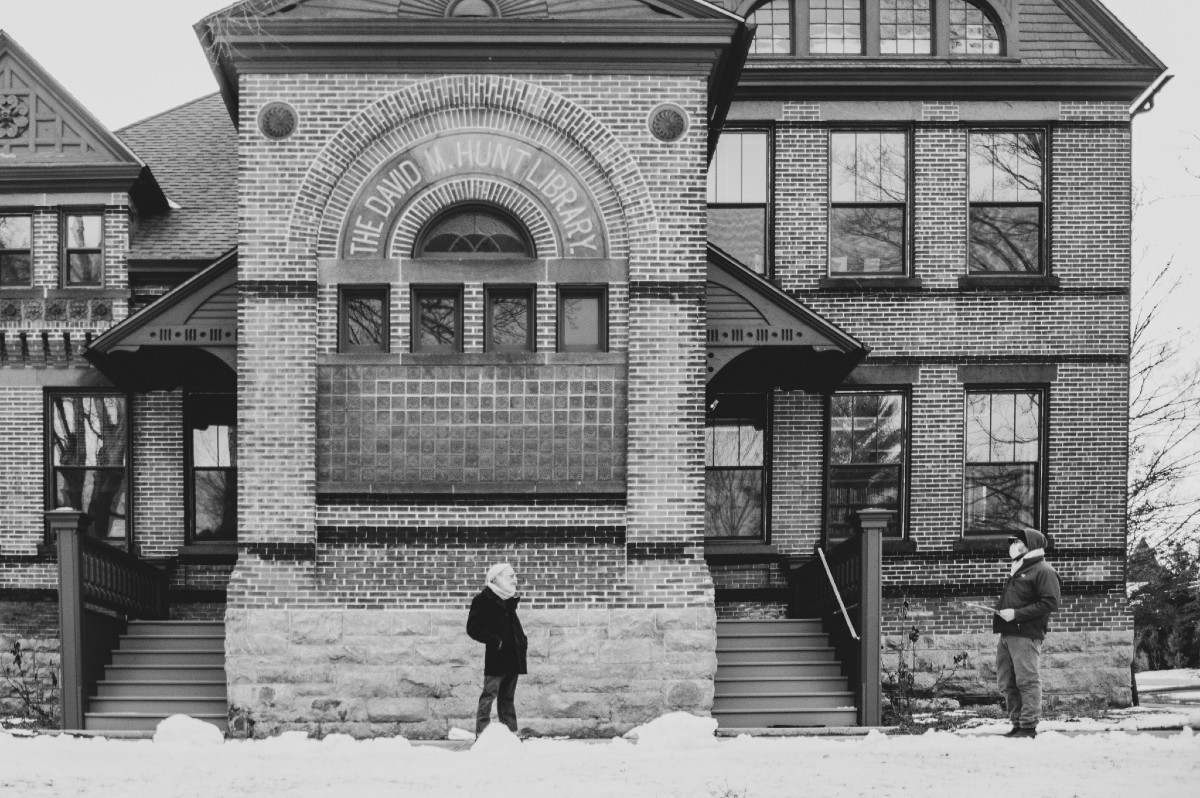 Adam Sher interviews Garth Kobal at The David M. Hunt Library. Photo: Rebecca Bloomfield