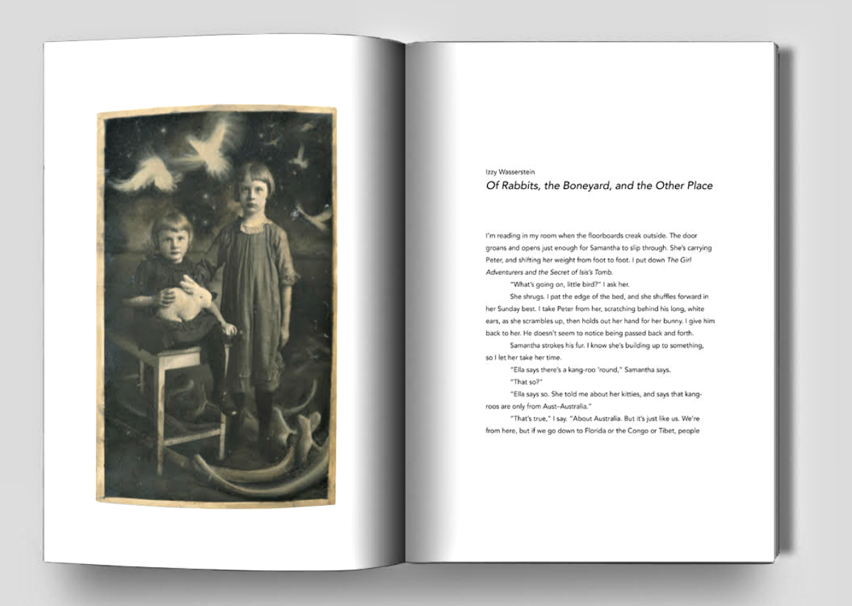 A spread from THEN AGAIN featuring&nbsp;Christensen's&nbsp;artwork alongside a short story from&nbsp;Karen and Jim Shepard inspired by it.