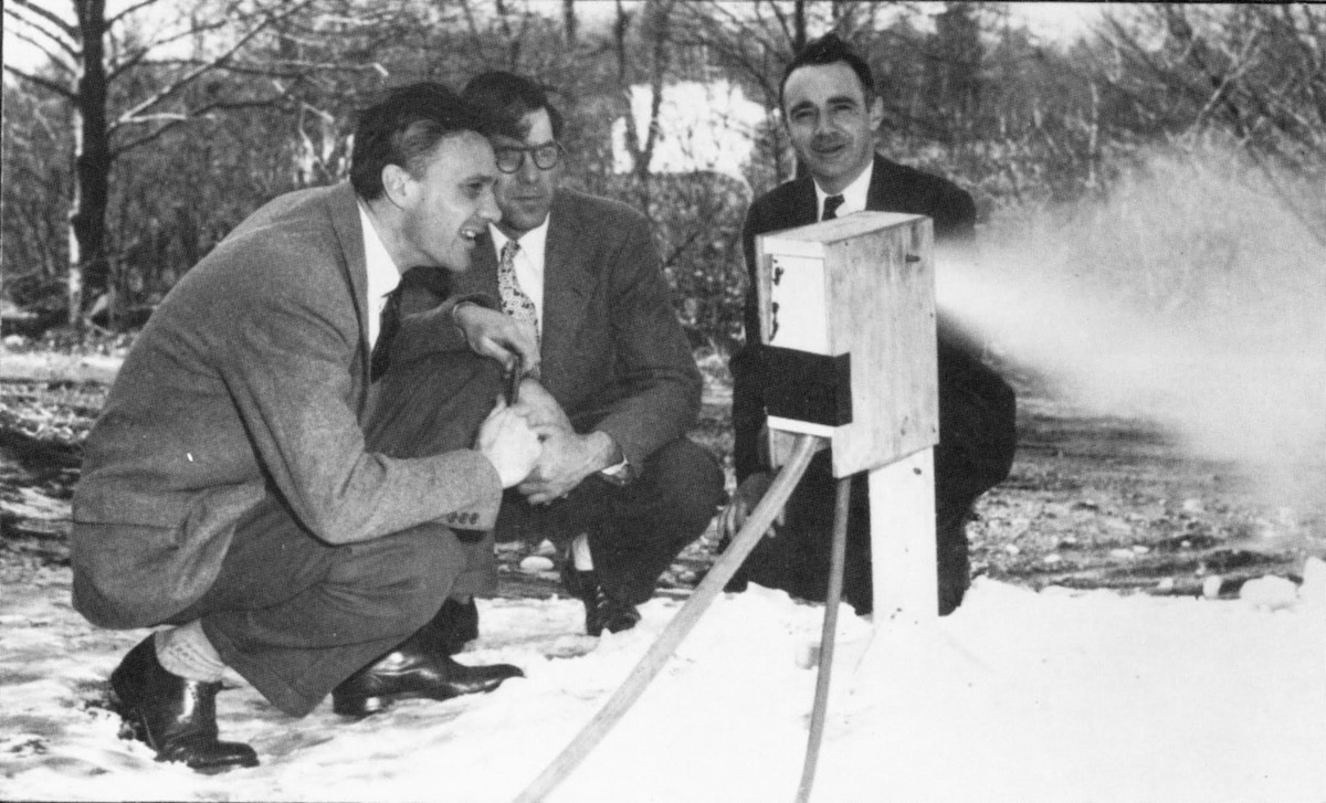 Wayne Pierce, Dave Richey and Art Hunt with their early&nbsp;snowmaking machine at the Mohawk Mountain ski area in 1950. Pierce would later obtain the first&nbsp;U.S, patent for the snowmaking machine in 1954. All photos provided by James Shay.