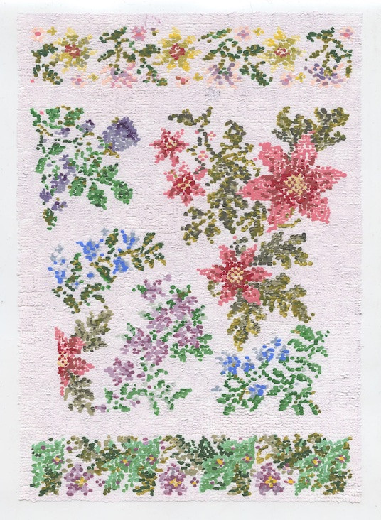Kristin Lamb, After Floral Cross Stitch Pattern (Pinks), 2021, acrylic and&nbsp;gouache on Duralar mounted on panel, 10x6 inches