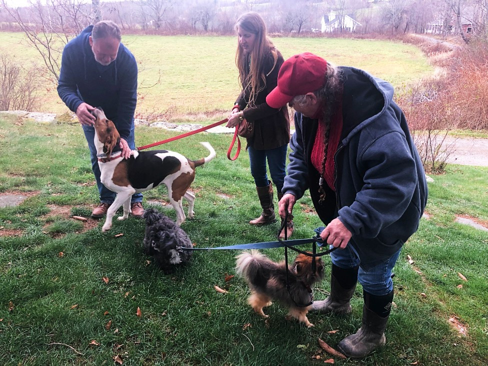 Bandy and Brenda Izzo, the sanctuary's barn manager, bring out some of the dogs.