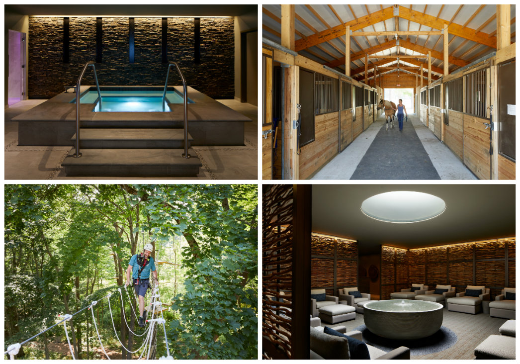 Jacuzzi, equine and challenge course activities, quiet relaxation lounge