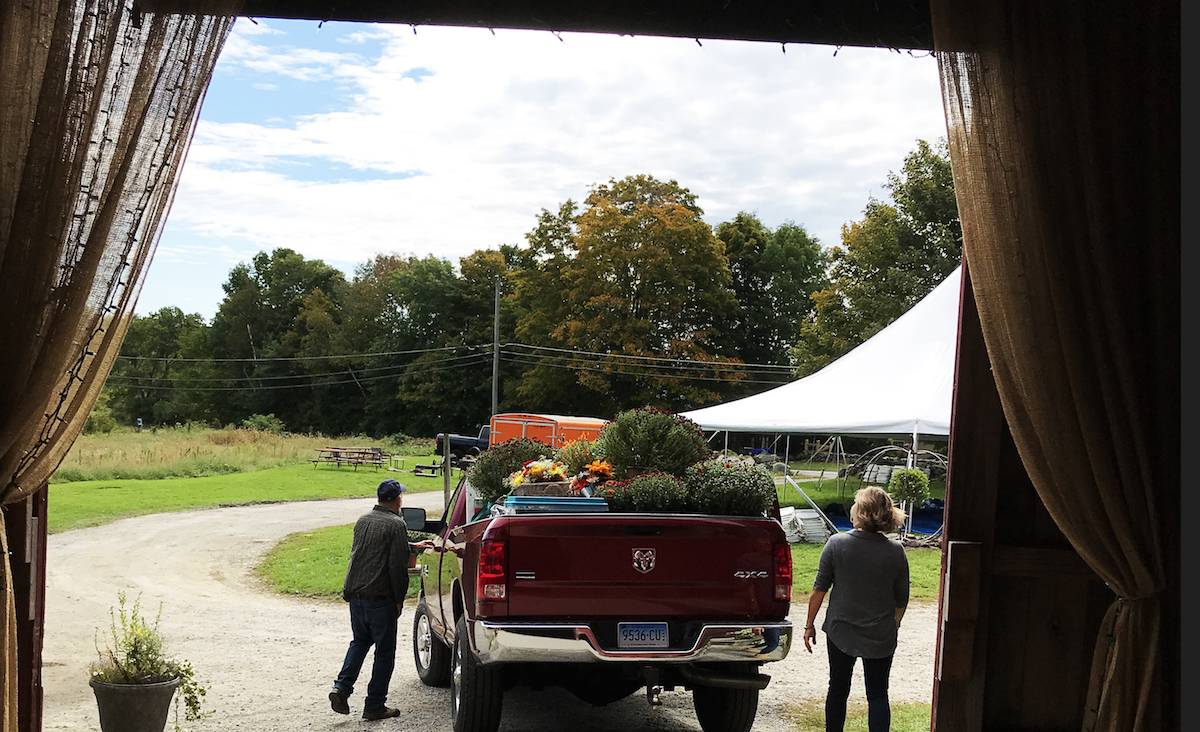 A truck full of mums from a wedding the day before.