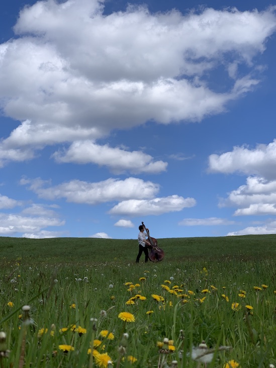 Musician in a field of wildflowers.