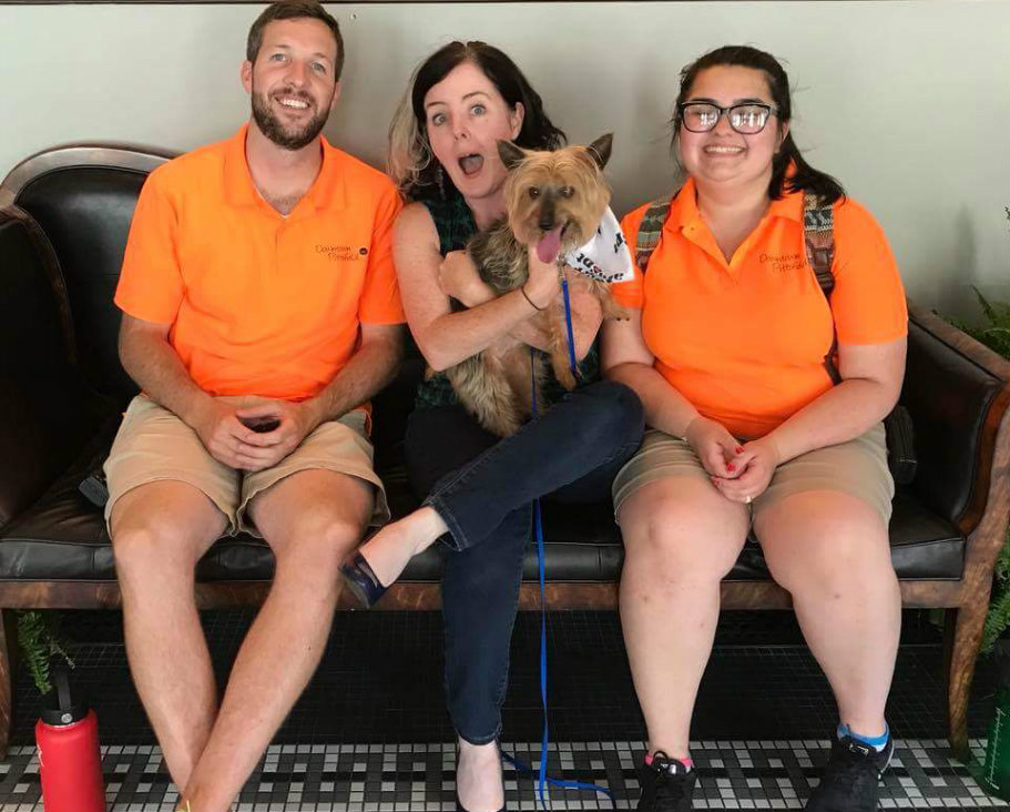 Noel and pup with Nolan Pratt and Jayme McGuigan of the Downtown Pittsfield Inc. Ambassadors.