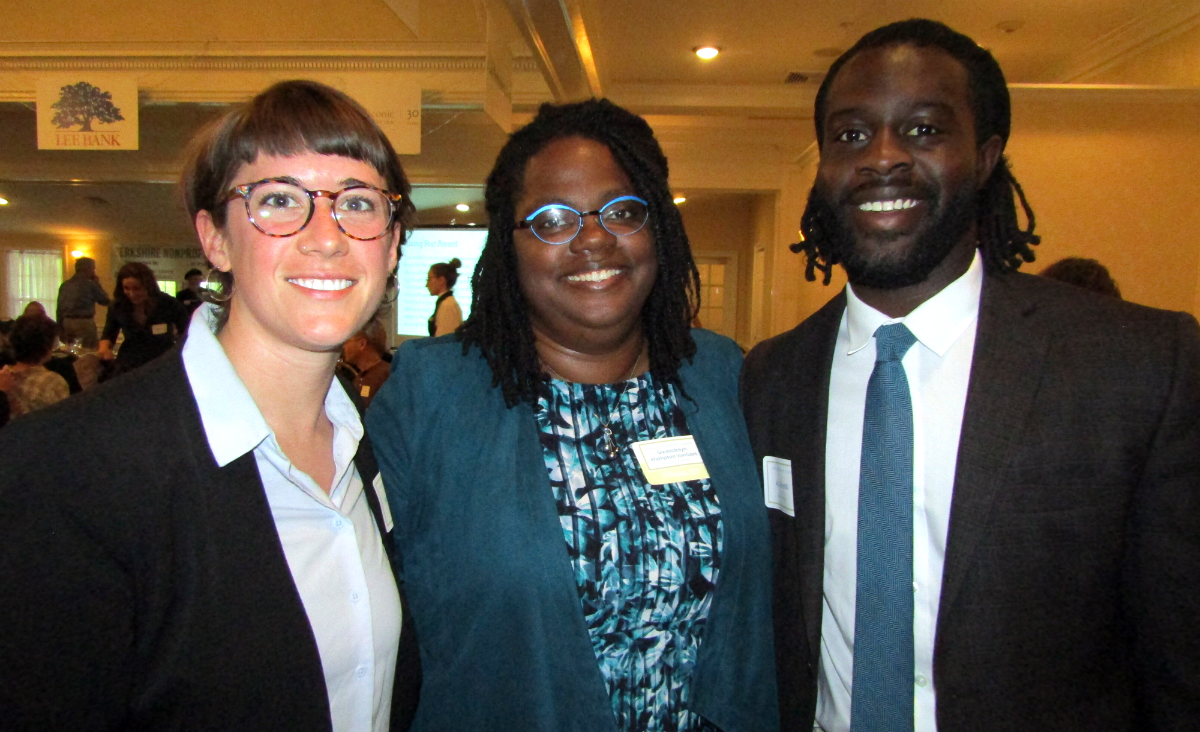 Ari Cameron, Executive Leadership award nominee Gwendolyn Hampton VanSant and AJ Enchill, district aide for Mass. State Senator Adam Hinds Ari Cameron, Executive Leadership award nominee Gwendolyn Hampton VanSant and AJ Enchill, district aide for Mass. State Senator Adam Hinds