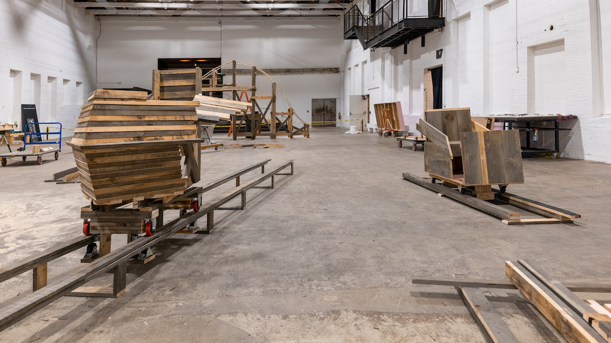 Preparatory arrangement for "EJ Hill: Brake Run Helix,"&nbsp;MASS MoCA. Photo: Sofia Taylor
