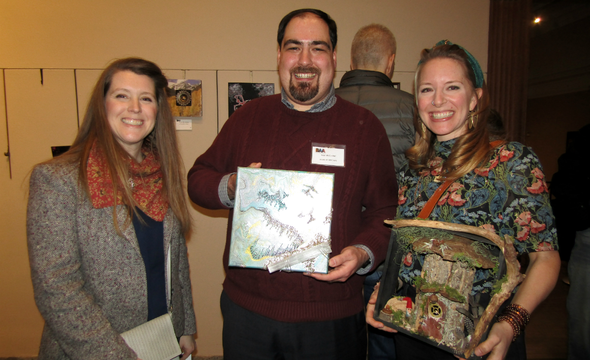Real Art Party at the Berkshire Museum. Artists Stacey Silkey, BAA board member Sean McCusker, and Nicole Irene, all of whom donated pieces to the raffle Real Art Party at the Berkshire Museum. Artists Stacey Silkey, BAA board member Sean McCusker, and Nicole Irene, all of whom donated pieces to the raffle