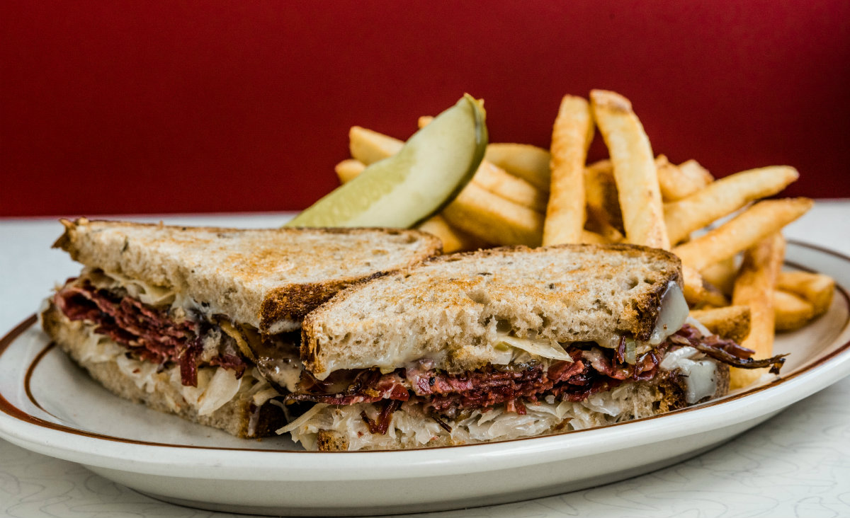 Reuben with salt and sugar-cured, then smoked, pastrami.