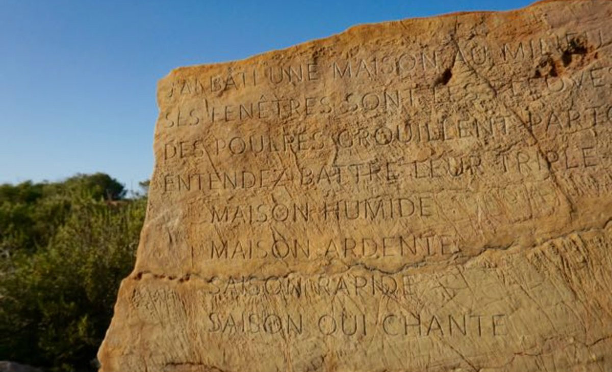 Text: &ldquo;Oc&eacute;an de terre&rdquo; by Guillaume Apollinaire, from Nord-Sud, February 1918. Letter height .75"&nbsp;&copy; 2016 Jenny Holzer, member Artists Rights Society (ARS), NY Selected poems, hand carved on local boulders collected with permission from various locations on the Island. Permanent Installation. Ibiza | Spain. Spring, 2016