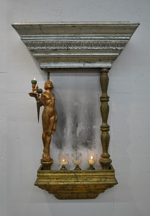 Tery Fugate-Wilcox, "ICONIC" &mdash; 4'h x 3'w copper, wood, zinc, and soot on laminate&nbsp;(includes smoke detector). Candles are lit ceremoniously as an homage to the Divine Feminine. The soot created by the candles creates an image on the laminate board. Photo courtesy of Shakespeare's Fulcrum Gallery.&nbsp;