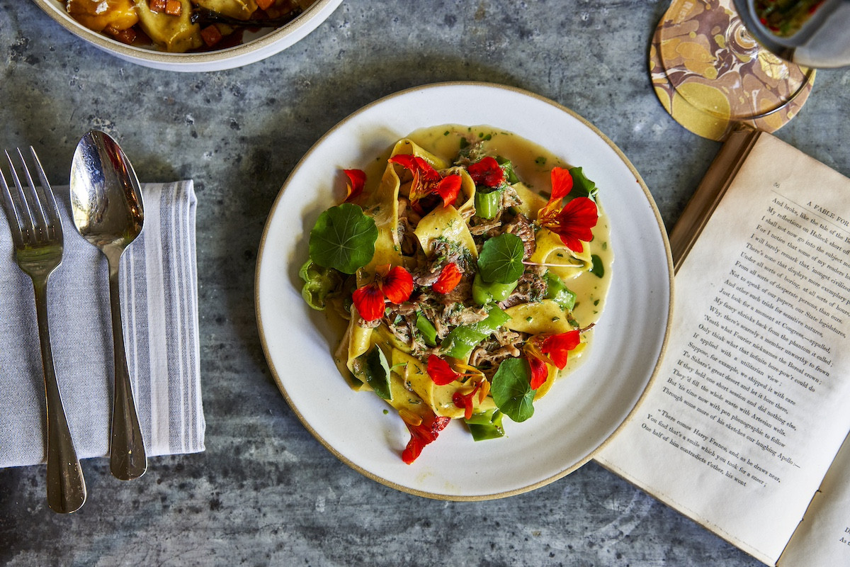 Saffron fettuccine, Maine uni, longfin squid, littleneck clams, silk chili, lemon, basil. Photo: Jim Henkens Saffron fettuccine, Maine uni, longfin squid, littleneck clams, silk chili, lemon, basil. Photo: Jim Henkens