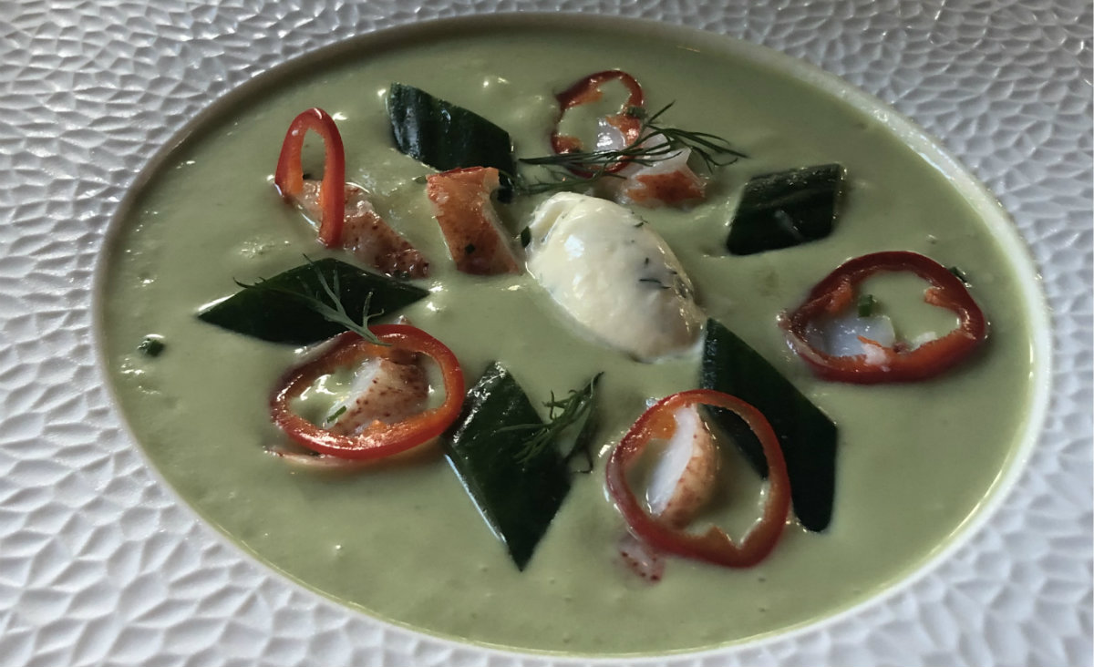 Chilled cucumber and avocado soup, lobster, dill cream, pickled Fresno chilies