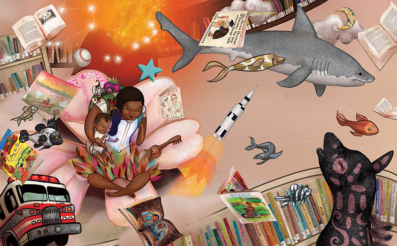 Yuyi Morales, Illustration for Unbelievable. Surprising. 2018. Mixed media digital. Dreamers (New York: Neal Porter Books, Holiday House Publishing, Inc.) 2018. Yuyi Morales, Illustration for Unbelievable. Surprising. 2018. Mixed media digital. Dreamers (New York: Neal Porter Books, Holiday House Publishing, Inc.) 2018.
