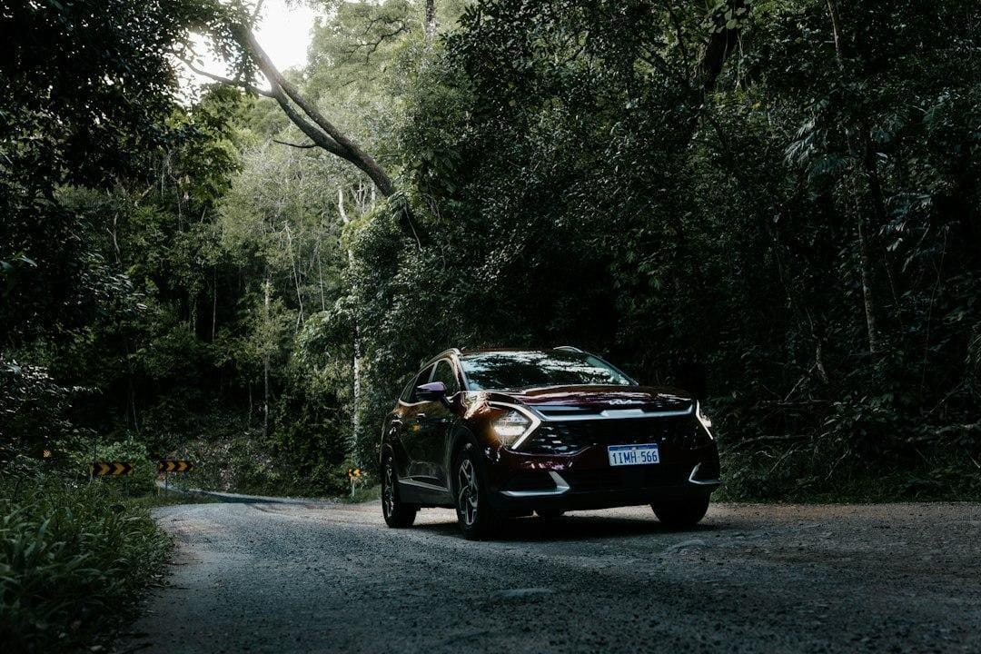 A dark red SUV with its headlights on, driving along a gravel road through dense forest