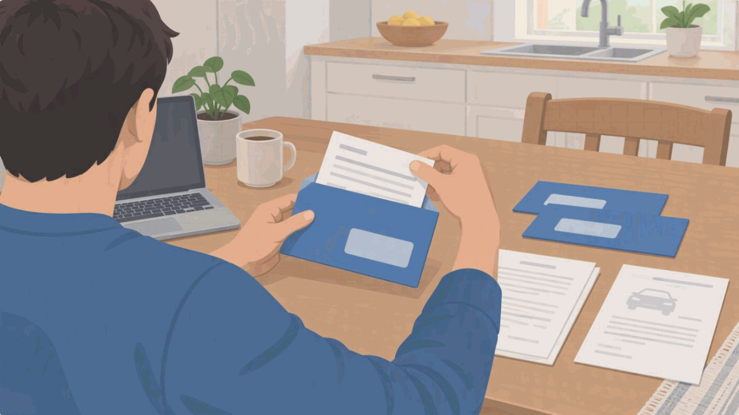 Illustration for step three, File the driver’s required crash report: a close view of the adult’s hands shows a completed operator-report copy being slipped into an envelope, with two other prepared envelopes nearby.