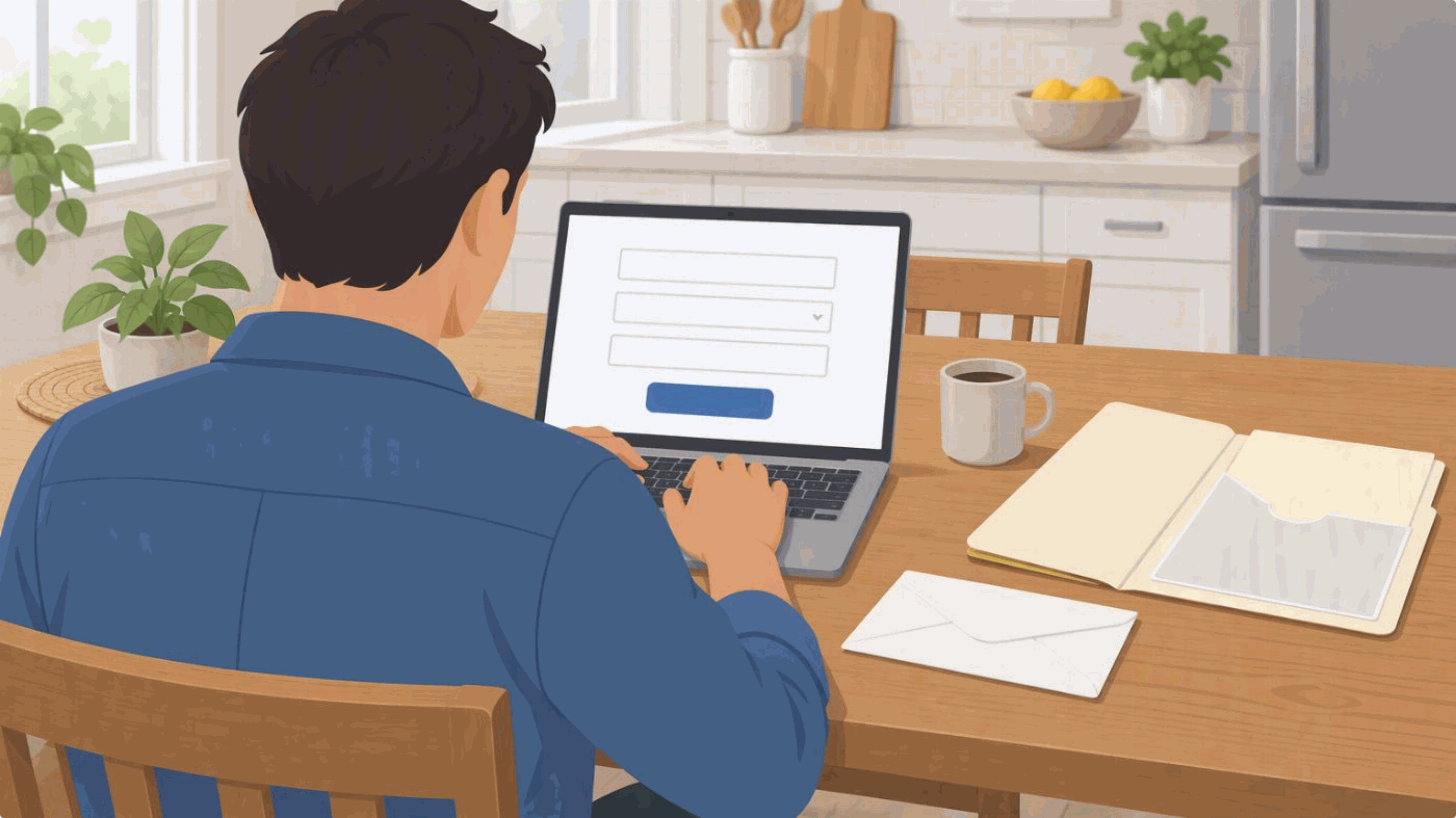 Illustration for step two, Track what happens to a police report after a car accident: an over-the-shoulder view shows the adult using the laptop to request the officer’s report, with the screen represented by blank form fields and a simple button shape.