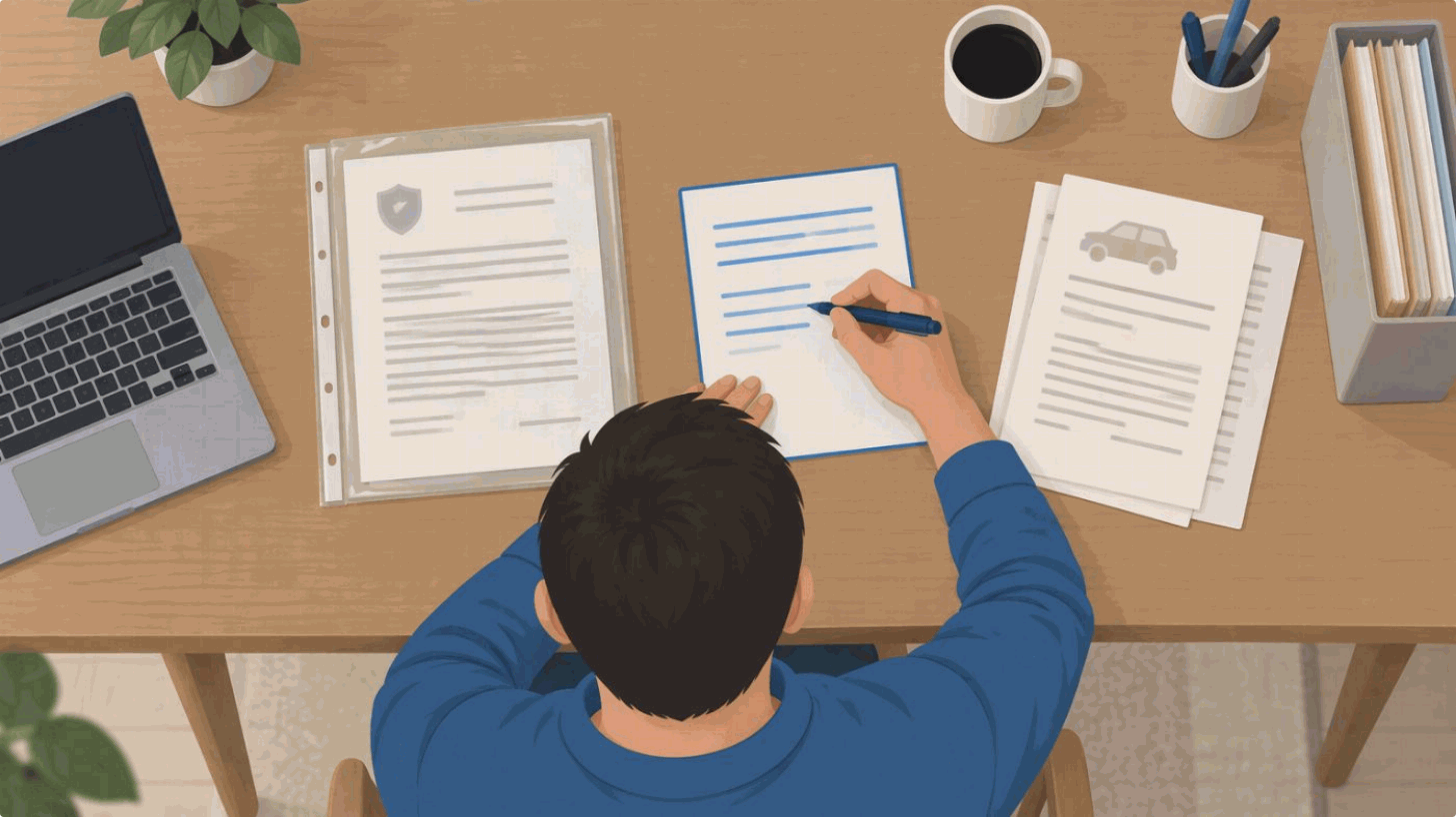 Illustration for step five, Correct problems without obscuring the record: a top-down view shows the adult making a separate correction note beside the received police report, which remains untouched inside a clear sleeve.