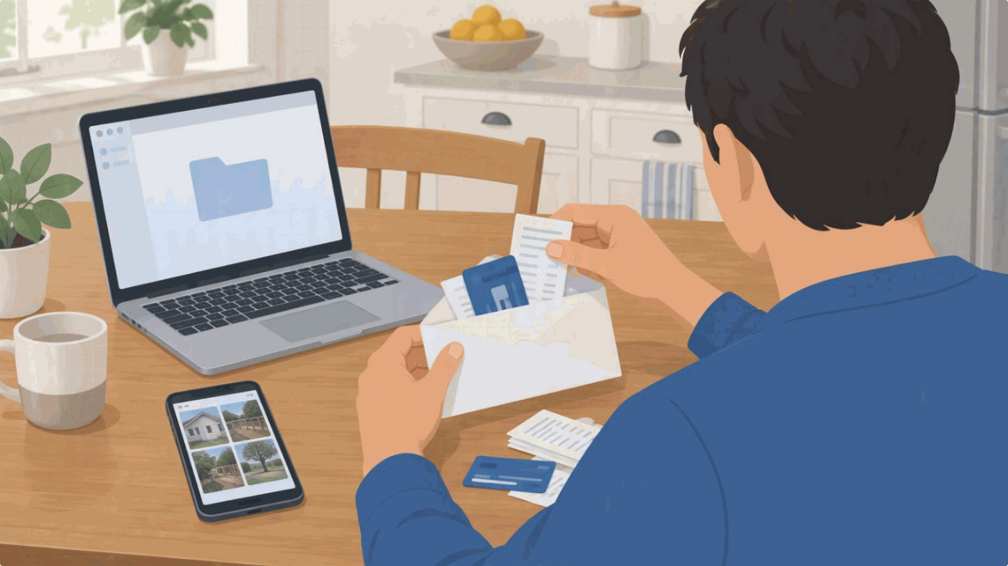 Illustration for step one, Preserve the scene record: a close view shows the adult sliding exchanged cards and receipts into a plain paper envelope beside a phone and an open laptop.