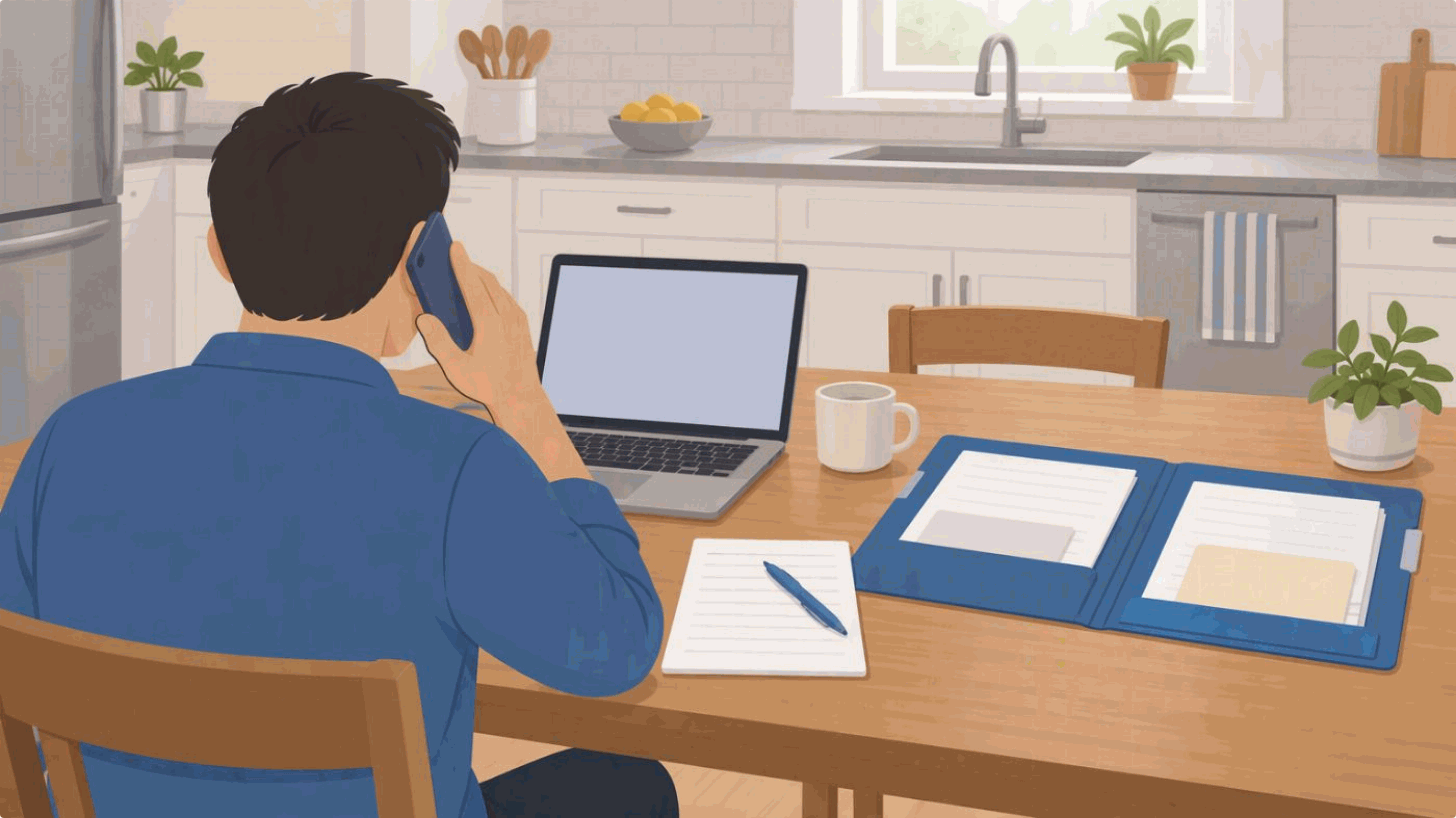 Illustration for step four, Build a working file for medical and insurance records: a wider view shows the adult seated at the kitchen table, holding a phone to their ear while notifying the insurer.