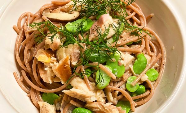 Recipe: Smoked Trout With Fava Beans, Shiitakes And Lemon Zest On Farro Pasta
