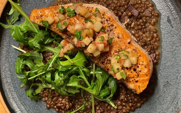 Recipe: Pan-seared Salmon, Black Lentils In A Smoky Bacon Broth And Spiced Apple Relish