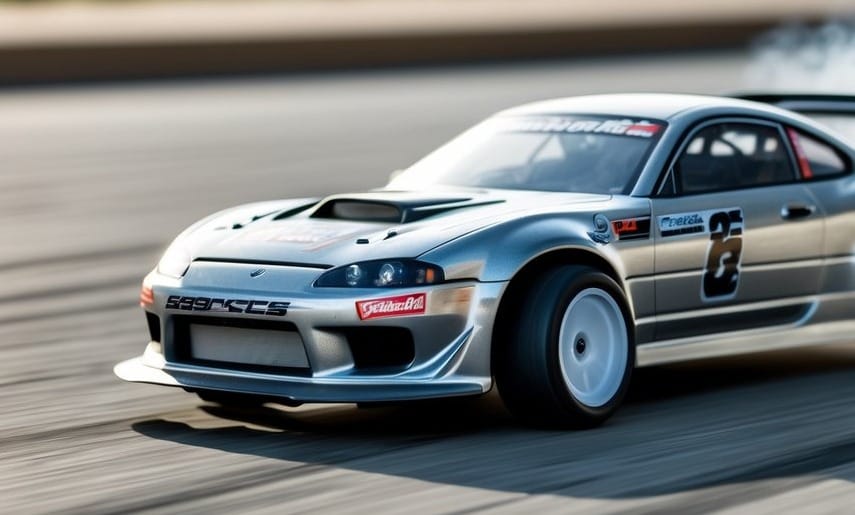 A remote control drift car racing on asphalt with a person holding the controller in the foreground.