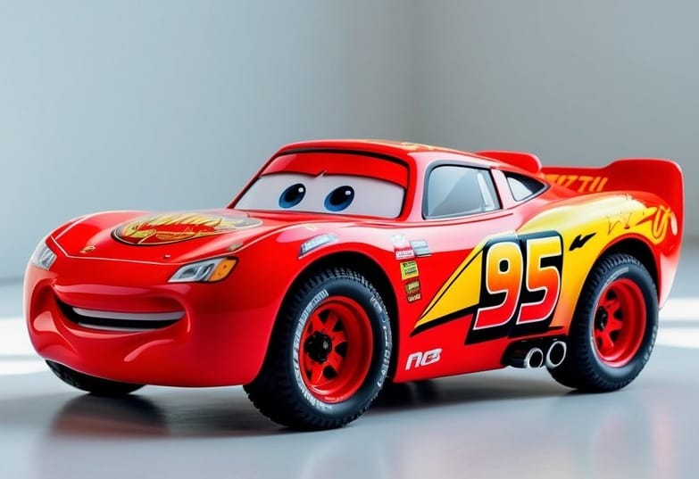 A red Lightning McQueen remote control car with its matching remote control on a white surface.