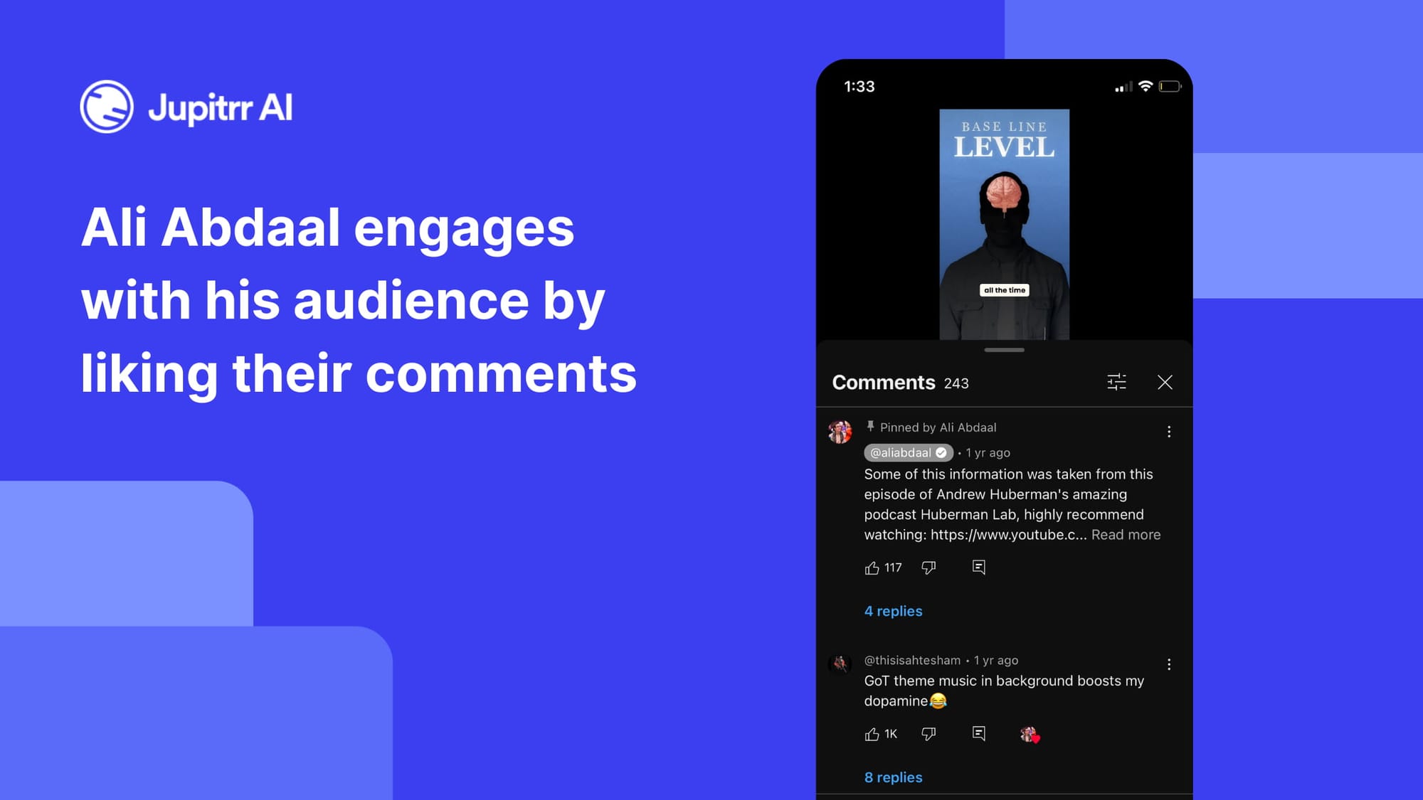 Ali Abdaal engages with his audience by liking their comments and sometimes replying to them