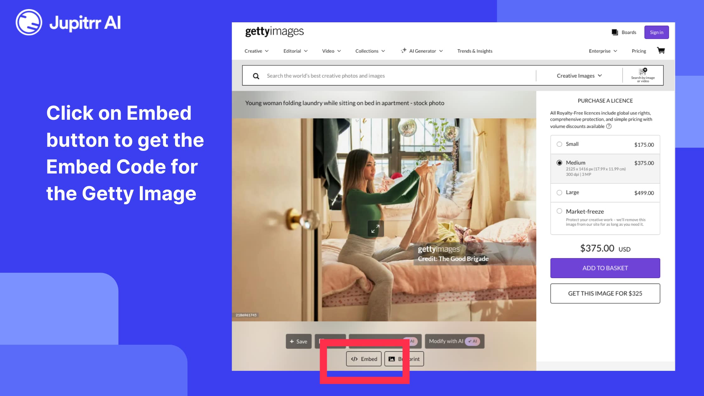 Click on Embed button to get the Embed code of the Getty Image