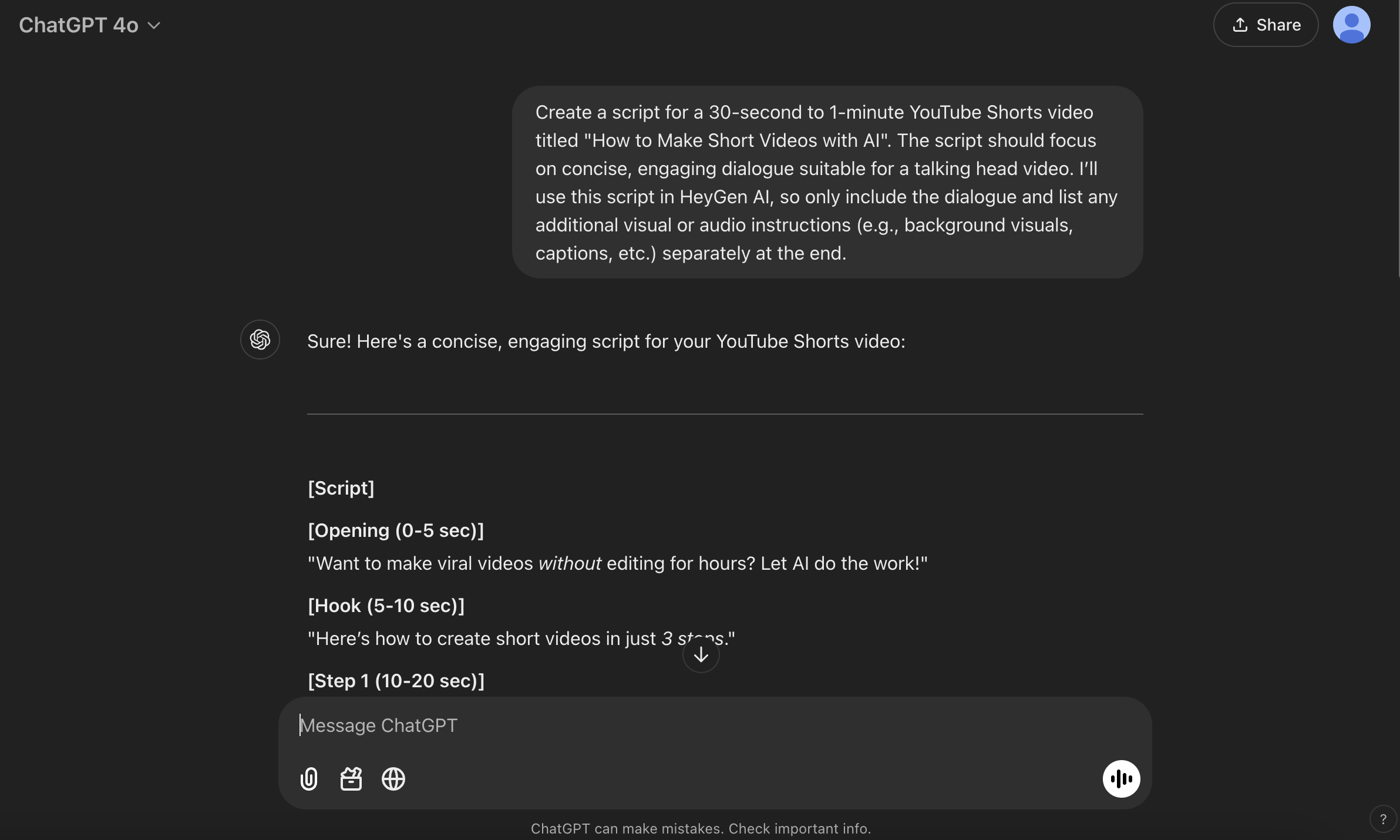 Using ChatGPT to create a script for the talking head short video
