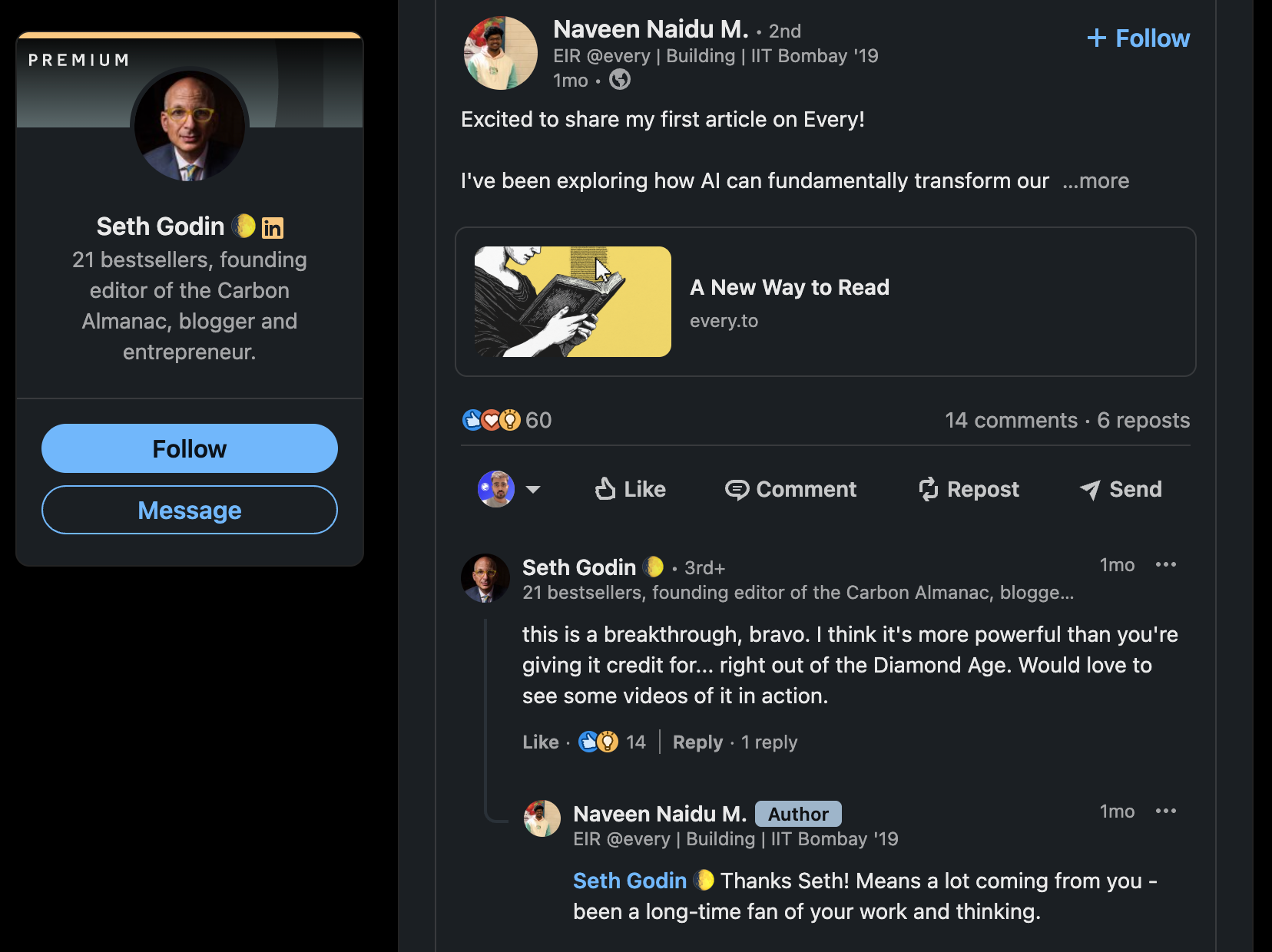 Even with more than 200k followers, Seth Godin comments on others' posts