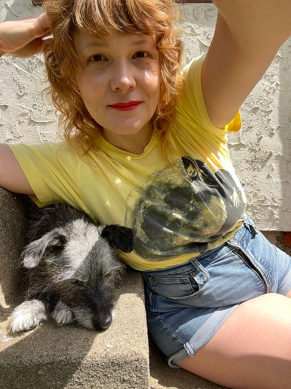 Photograph of the author with her dog, Monty