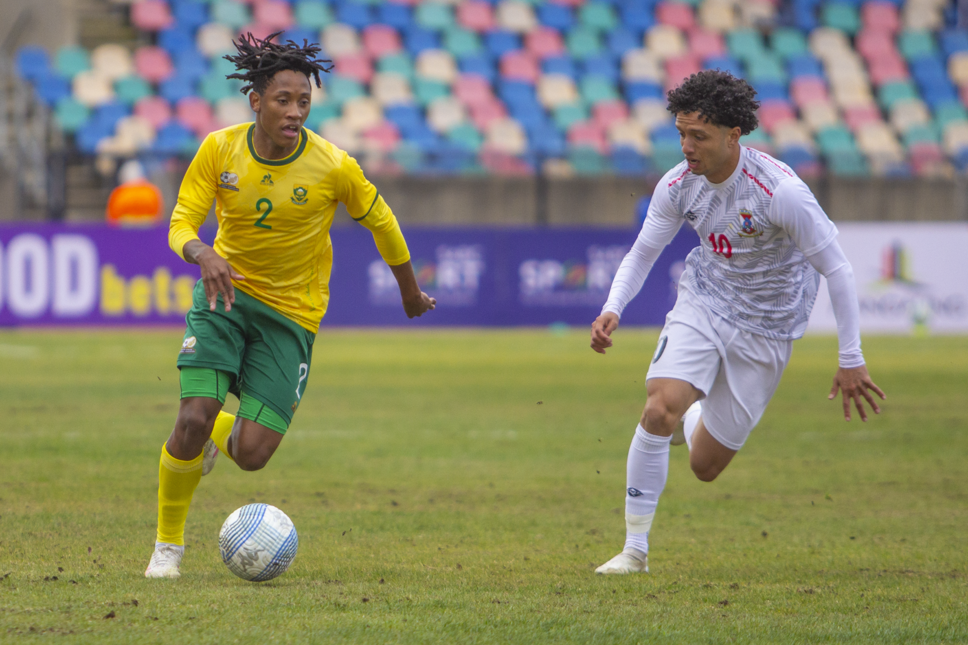 Puso Dithejane in action for South Africa's Bafana Bafana against Comoros in the COSAFA Cup 2025 in Bloemfontein, South Africa.