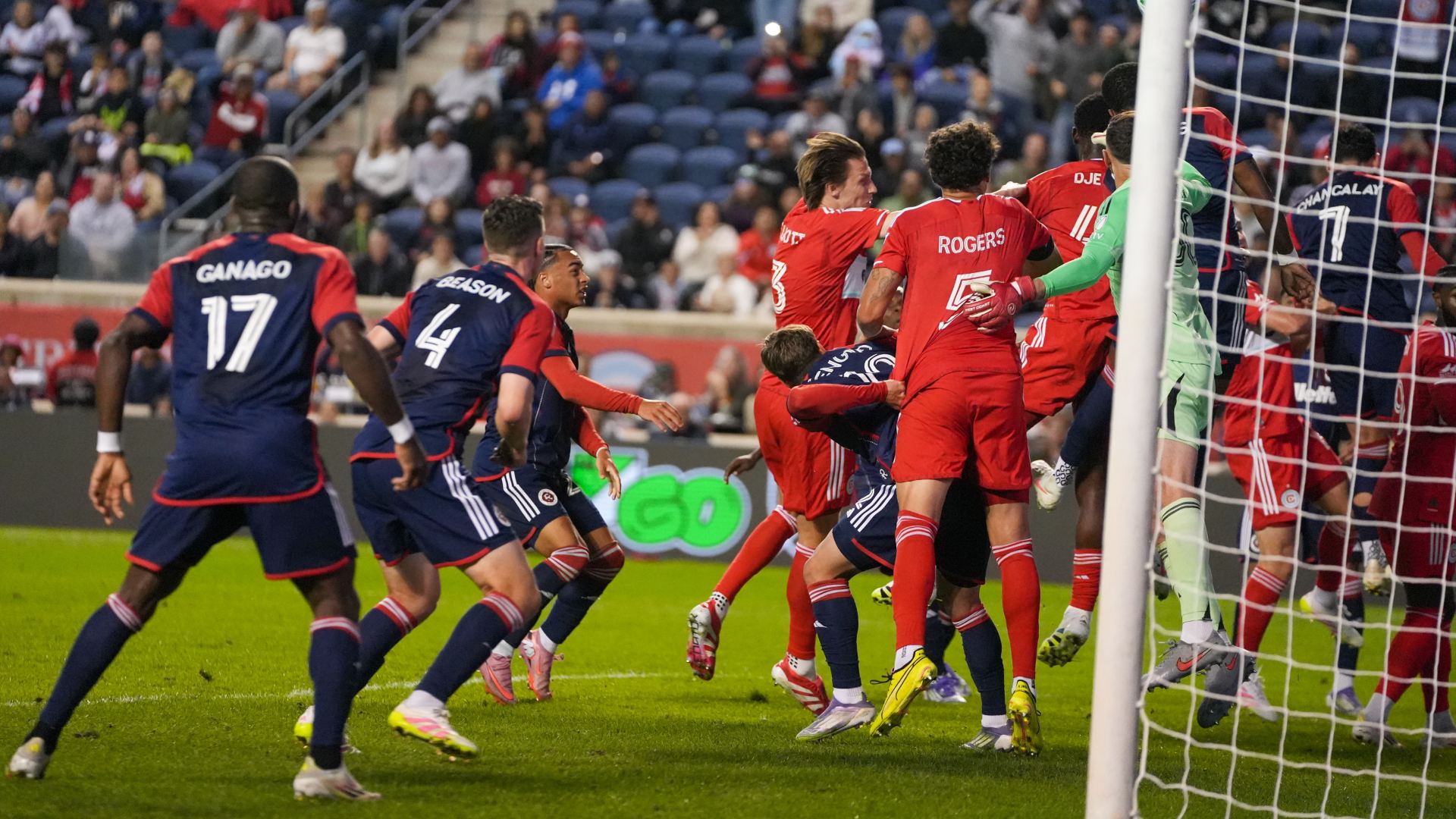 Chicago Fire FC players attack on a corner kick against New England Revolution at SeatGeek stadium in Bridgeview, IL on September 6, 2025.