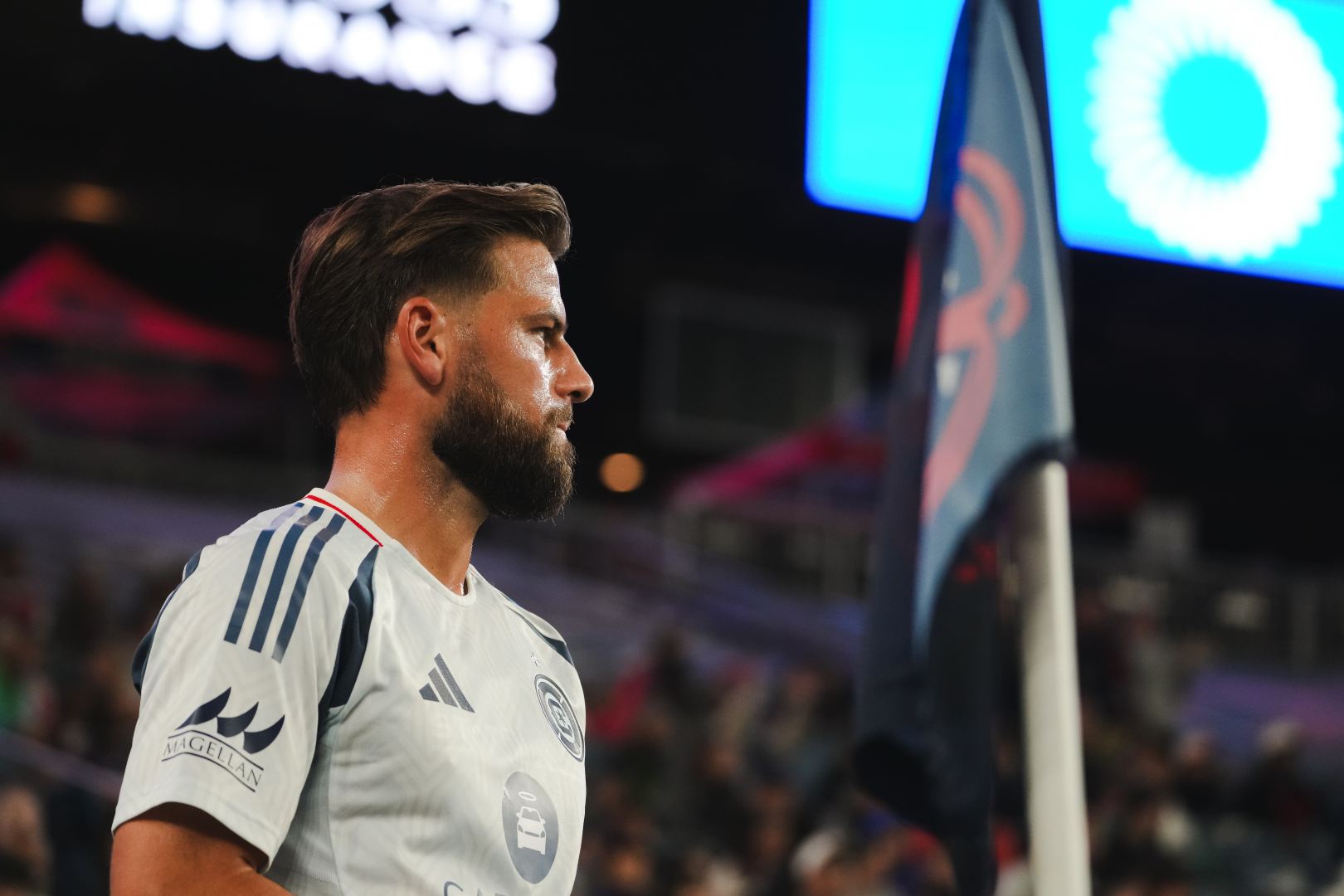 Philip Zinckernagel of the Chicago Fire at the corner flag during their game against the New England Revolution on October 18, 2025