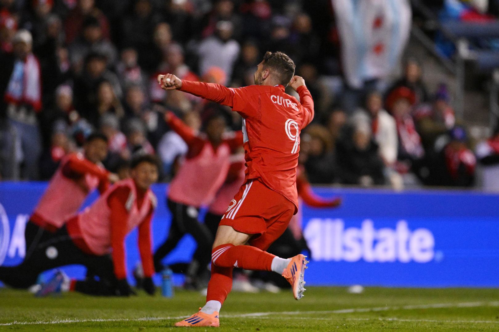 Hugo Cuypers celebrates scoring a goal the Chicago Fire's playoff game against Orlando City at SeatGeek Stadium on October 22, 2025