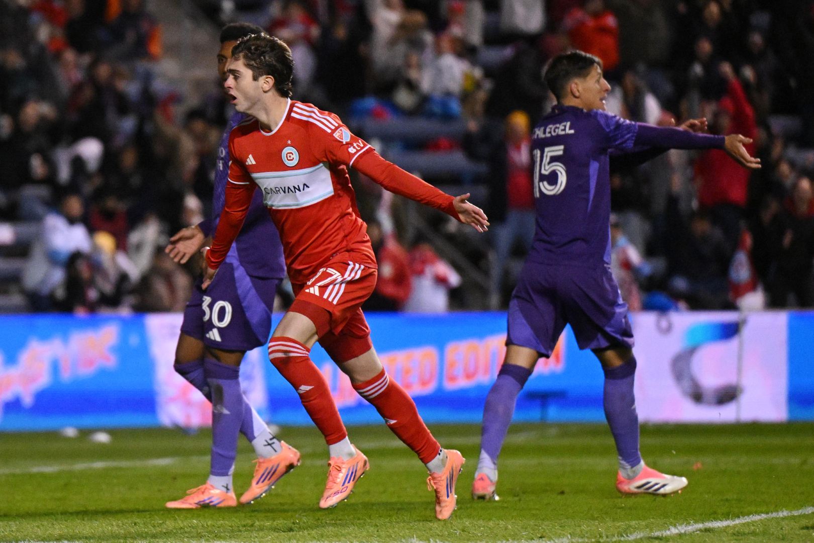 Brian Gutiérrez jockeys for position in the Chicago Fire during their game against Orlando City at SeatGeek Stadium on October 22, 2025