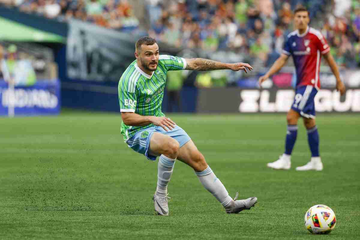 Jun 22, 2024; Seattle, Washington, USA; Seattle Sounders FC forward Jordan Morris (13) passes the ball against FC Dallas during the first half at Lumen Field.