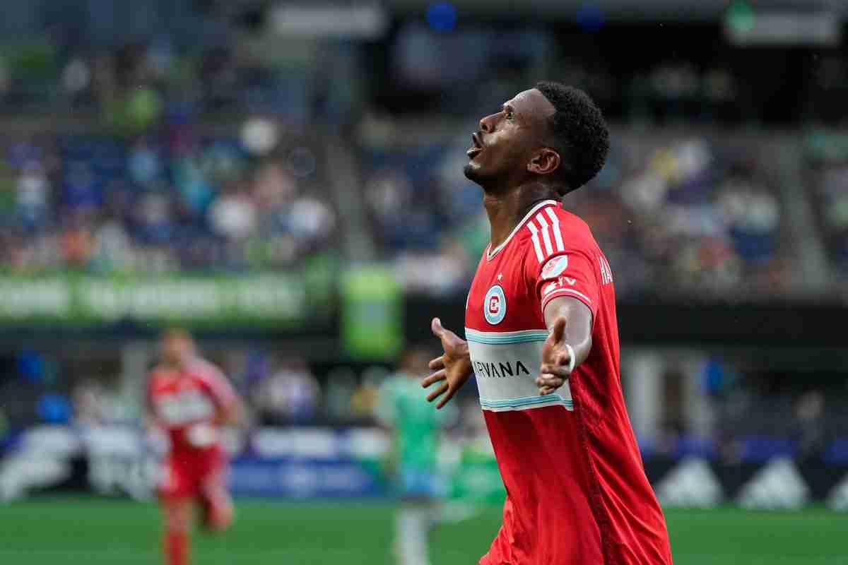 Jun 29, 2024; Seattle, Washington, USA; Chicago Fire FC midfielder Maren Haile-Selassie (7) celebrates after scoring a goal against Seattle Sounders FC during the first half at Lumen Field.