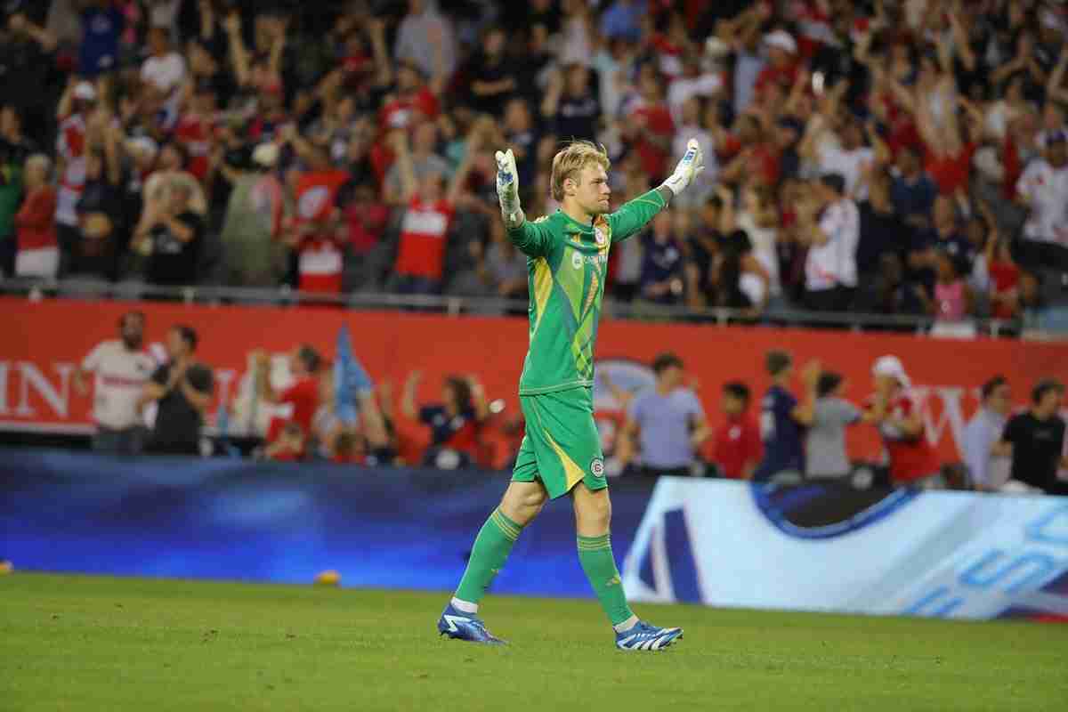Jul 3, 2024; Chicago, Illinois, USA;  Chicago Fire FC goalkeeper Chris Brady (34) reacts after a goal scored by Chicago Fire FC midfielder Gaston Gimenez (30) during the second half against Philadelphia Union at Soldier Field.
