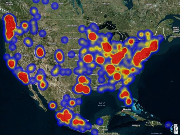 Heat map of respondents from within North America.