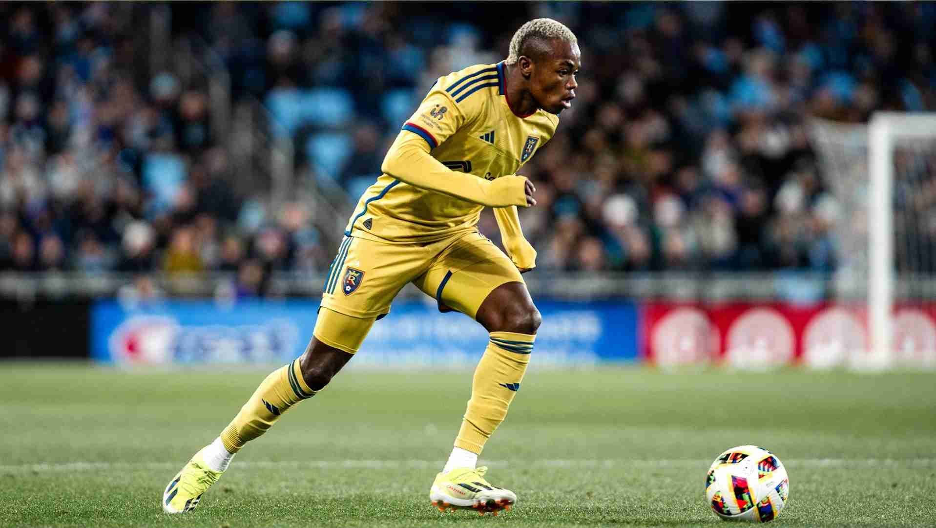 Real Salt Lake player André Gómez plays the ball during a soccer game